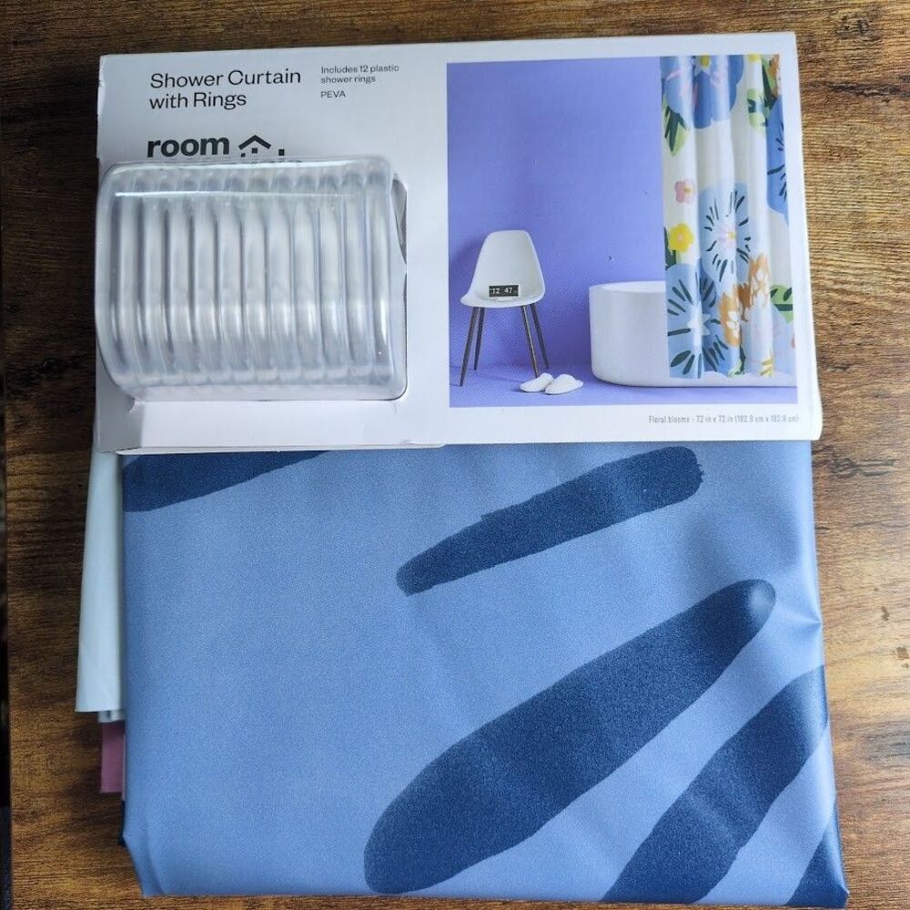 Room Essentials ~ Blue Floral Shower Curtain with Rings Floral Blooms 72" x 72"